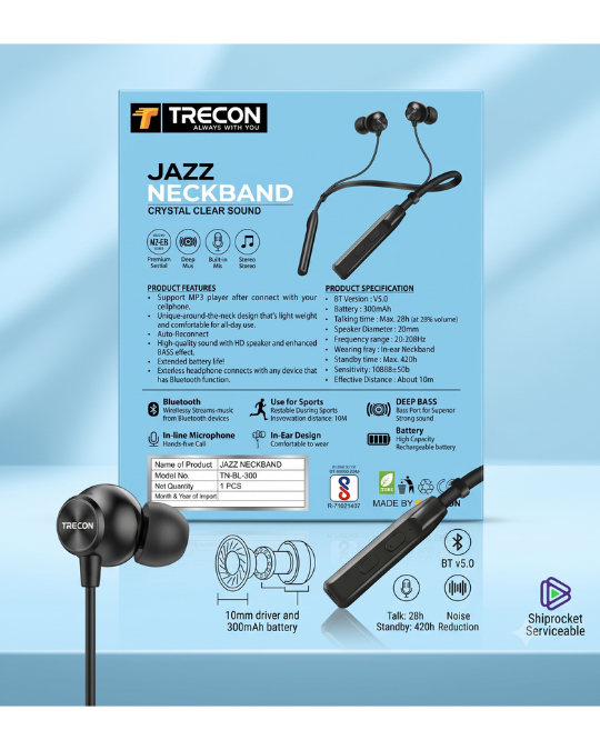 TRECON Jazz Neckband Wireless Bluetooth Earphone (TN-BL-300, Black)