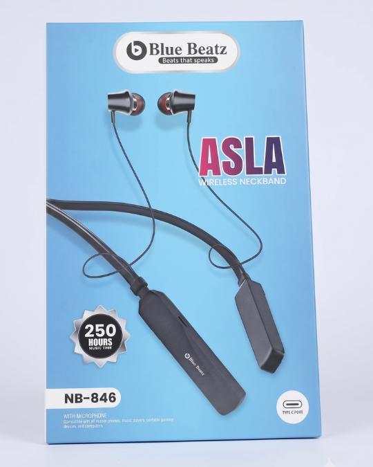 Blue Beatz ASLA NB-846 Wireless Neckband with 250 Hours Music Time (Type-C Port, Black)