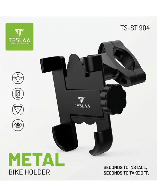 TESLAA TS-ST 904 Universal Metal Bike & Motorcycle Mobile Phone Holder (360° Rotation, Black)