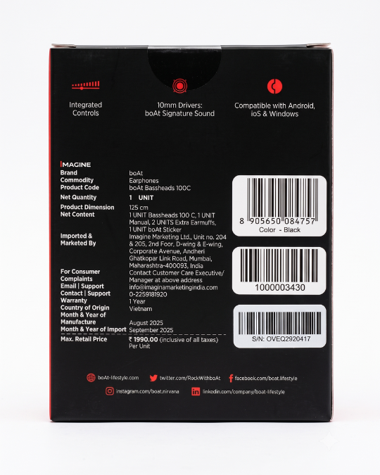 boAt BassHeads 100 C Wired Earphones with Type-C Jack & In-line Mic (Black)